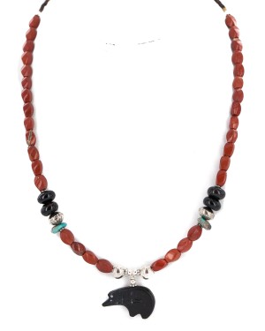 .925 Sterling Silver Certified Authentic Navajo Natural Turquoise Red Jasper Black Onyx Jet Native American Necklace 24511-5