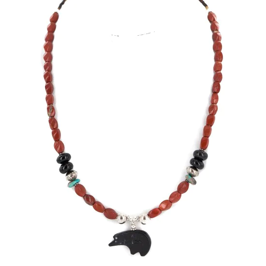 .925 Sterling Silver Navajo Natural Turquoise Red Jasper Black Onyx Jet Native American Necklace 24511-5 .925 Sterling Silver Navajo Natural Turquoise Red Jasper Black Onyx Jet Native American Necklace 24511-5