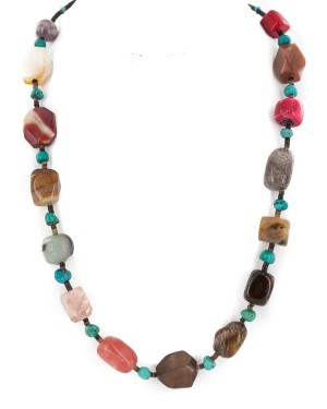 .925 Sterling Silver Certified Authentic Navajo Natural Turquoise Tigers Eye Agate Quartz Amethyst Native American Necklace 24511-4