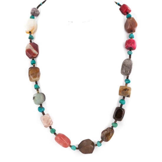 .925 Sterling Silver Certified Authentic Navajo Natural Turquoise Tigers Eye Agate Quartz Amethyst Native American Necklace 24511-4