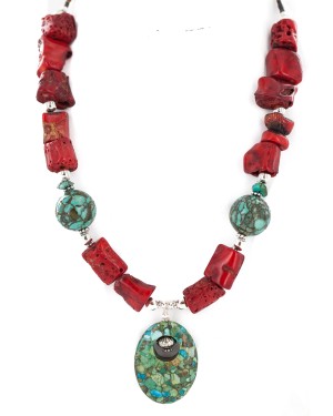 .925 Sterling Silver Certified Authentic Navajo Turquoise Coral Native American Necklace 24214-15