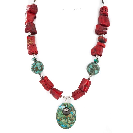 .925 Sterling Silver Certified Authentic Navajo Turquoise Coral Native American Necklace 24214-15
