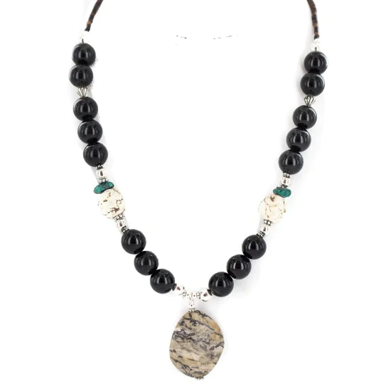 .925 Sterling Silver Navajo White Howlite Jasper Black Onyx Native American Necklace 24512-6 .925 Sterling Silver Navajo White Howlite Jasper Black Onyx Native American Necklace 24512-6
