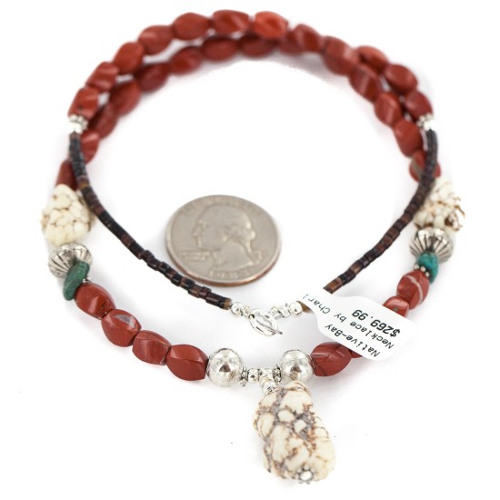 .925 Sterling Silver Certified Authentic Navajo White Howlite Red Jasper Native American Necklace 24511-3