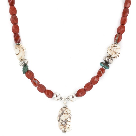 .925 Sterling Silver Certified Authentic Navajo White Howlite Red Jasper Native American Necklace 24511-3