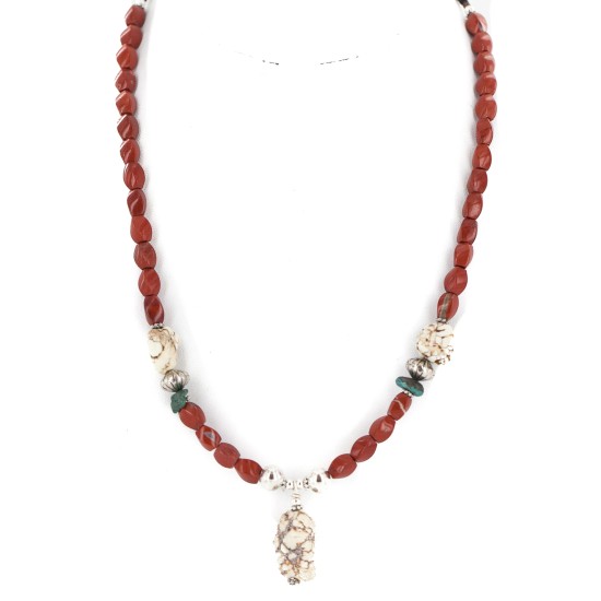 .925 Sterling Silver Certified Authentic Navajo White Howlite Red Jasper Native American Necklace 24511-3
