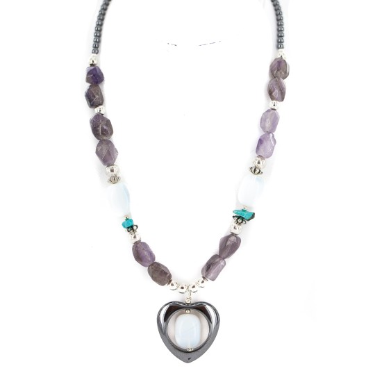 .925 Sterling Silver Heart Certified Authentic Navajo Natural Turquoise Amethyst Opalite Hematite Native American Necklace 24514-12
