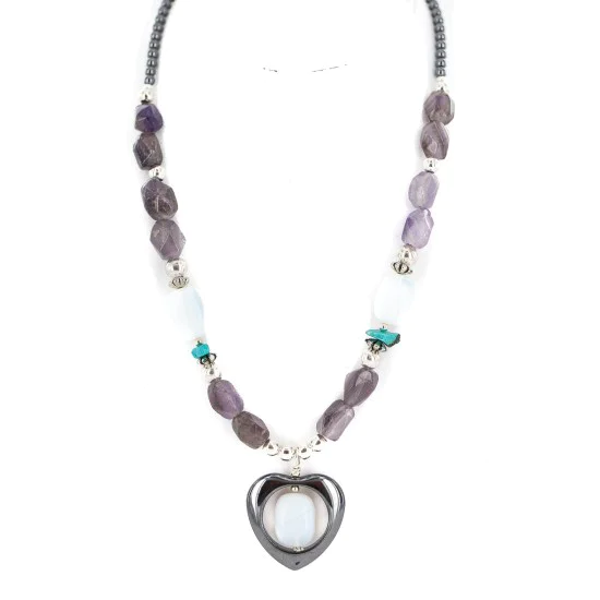 .925 Sterling Silver Heart Navajo Natural Turquoise Amethyst Opalite Hematite Native American Necklace 24514-12 .925 Sterling Silver Heart Navajo Natural Turquoise Amethyst Opalite Hematite Native American Necklace 24514-12