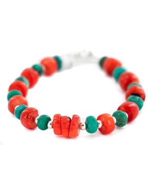 .925 Sterling Silver Navajo Certified Authentic Natural Turquoise Coral Native American Bracelet 13179