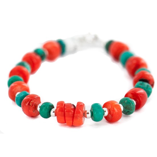 .925 Sterling Silver Navajo Certified Authentic Natural Turquoise Coral Native American Bracelet 13179
