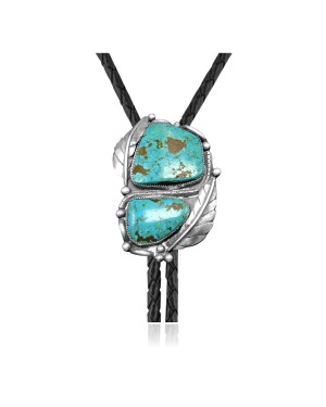 Feather .925 Sterling Silver Certified Authentic Handmade Navajo Native American Natural Turquoise Bolo Tie 34242