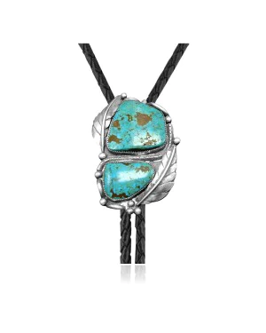 Feather .925 Sterling Silver Handmade Navajo Native American Natural Turquoise Bolo Tie 34242