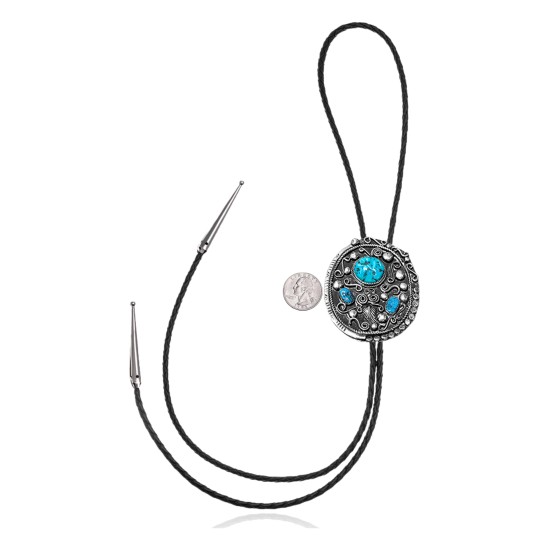 Feather .925 Sterling Silver Certified Authentic Handmade Navajo Native American Natural Turquoise Bolo Tie 34243