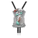 Feather .925 Sterling Silver Handmade Navajo Native American Natural Turquoise Coral Bolo Tie 34245