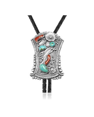 Feather .925 Sterling Silver Certified Authentic Handmade Navajo Native American Natural Turquoise Coral Bolo Tie 34245