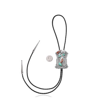Feather .925 Sterling Silver Certified Authentic Handmade Navajo Native American Natural Turquoise Coral Bolo Tie 34245
