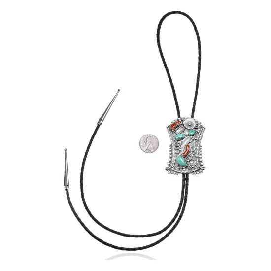 Feather .925 Sterling Silver Handmade Navajo Native American Natural Turquoise Coral Bolo Tie 34245 Feather .925 Sterling Silver Handmade Navajo Native American Natural Turquoise Coral Bolo Tie 34245