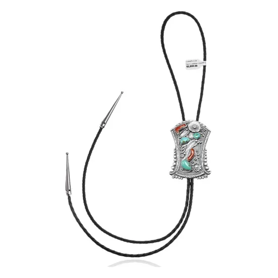 Feather .925 Sterling Silver Handmade Navajo Native American Natural Turquoise Coral Bolo Tie 34245 Feather .925 Sterling Silver Handmade Navajo Native American Natural Turquoise Coral Bolo Tie 34245