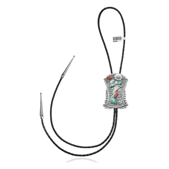 Feather .925 Sterling Silver Handmade Navajo Native American Natural Turquoise Coral Bolo Tie 34245 Feather .925 Sterling Silver Handmade Navajo Native American Natural Turquoise Coral Bolo Tie 34245