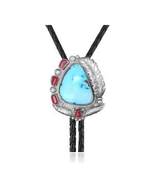 Feather .925 Sterling Silver Certified Authentic Handmade Navajo Native American Natural Turquoise Coral Bolo Tie 34246