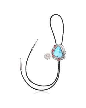 Feather .925 Sterling Silver Certified Authentic Handmade Navajo Native American Natural Turquoise Coral Bolo Tie 34246