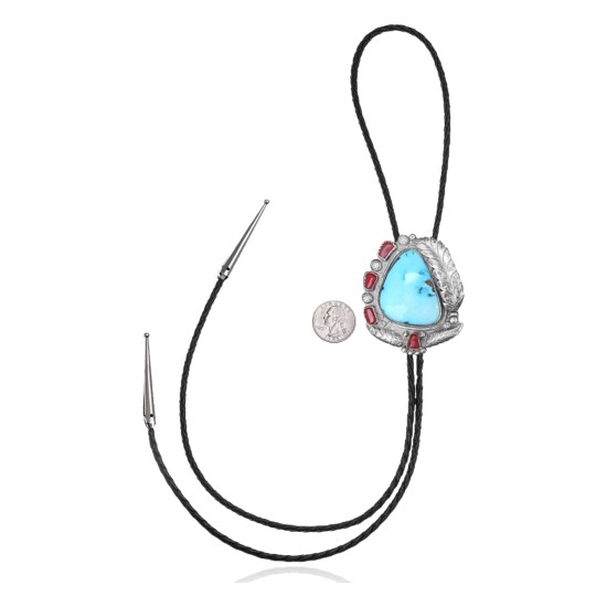 Feather .925 Sterling Silver Certified Authentic Handmade Navajo Native American Natural Turquoise Coral Bolo Tie 34246