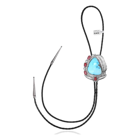 Feather .925 Sterling Silver Certified Authentic Handmade Navajo Native American Natural Turquoise Coral Bolo Tie 34246