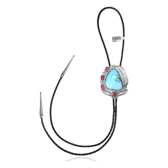 Feather .925 Sterling Silver Certified Authentic Handmade Navajo Native American Natural Turquoise Coral Bolo Tie 34246