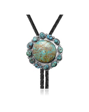 Sun .925 Sterling Silver Certified Authentic Handmade Navajo Native American Natural Turquoise Bolo Tie 34247