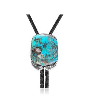 Feather .925 Sterling Silver Certified Authentic Handmade Navajo Native American Natural Turquoise Bolo Tie 34249