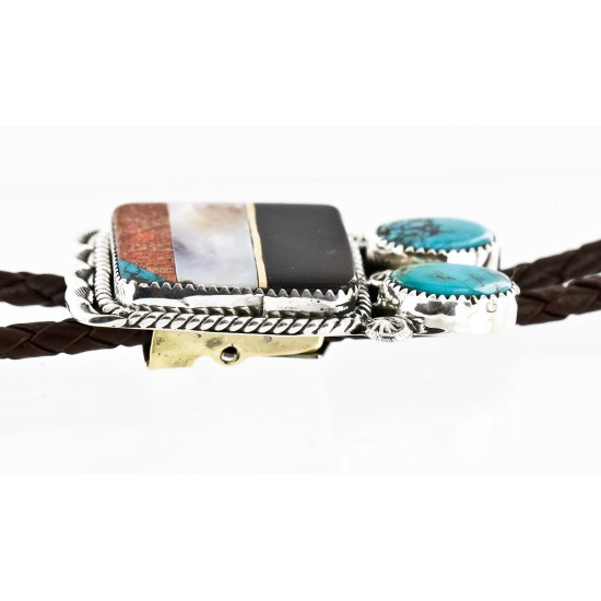 Handmade Certified Authentic Navajo .925 Sterling Silver Natural Turquoise Black Onyx Jasper Mother of Pearl Native American Bolo Tie  1206-1