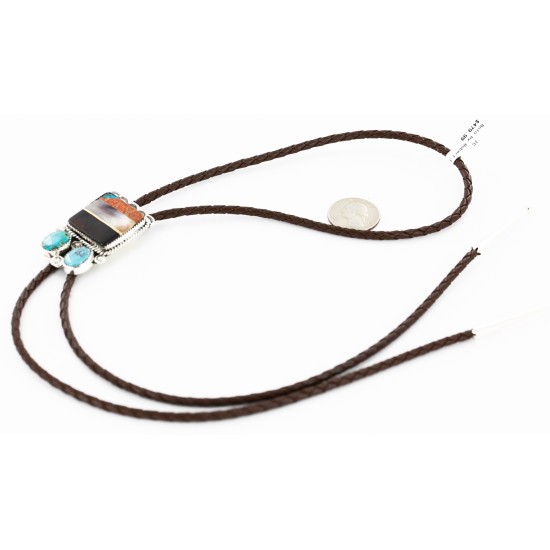 Handmade Certified Authentic Navajo .925 Sterling Silver Natural Turquoise Black Onyx Jasper Mother of Pearl Native American Bolo Tie  1206-1