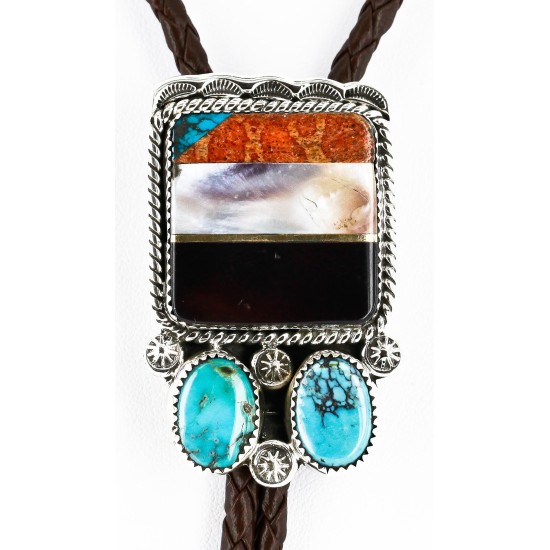 Handmade Certified Authentic Navajo .925 Sterling Silver Natural Turquoise Black Onyx Jasper Mother of Pearl Native American Bolo Tie  1206-1