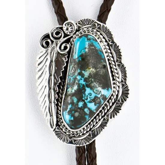 Handmade Navajo .925 Sterling Silver Natural Turquoise Native American Bolo Tie 1206-2