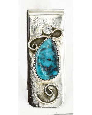 Handmade Certified Authentic Navajo Nickel and .925 Sterling Silver Natural Turquoise Native American Money Clip 10524-2