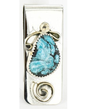 Handmade Certified Authentic Navajo Nickel and .925 Sterling Silver Natural Turquoise Native American Money Clip 10524-4