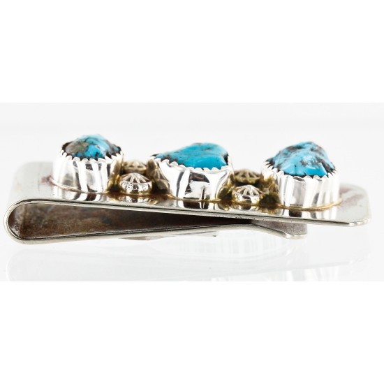 Handmade Certified Authentic Navajo Nickel and .925 Sterling Silver Natural Turquoise Native American Money Clip 10528-1