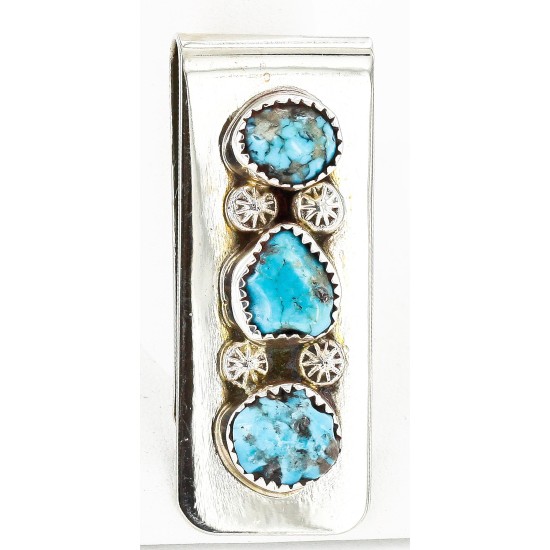 Handmade Certified Authentic Navajo Nickel and .925 Sterling Silver Natural Turquoise Native American Money Clip 10528-1