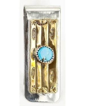 Handmade Certified Authentic Navajo Nickel and Brass Natural Turquoise Native American Money Clip 10523-1