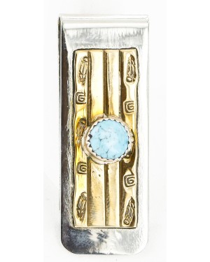Handmade Certified Authentic Navajo Nickel and Brass Natural Turquoise Native American Money Clip 10523-4
