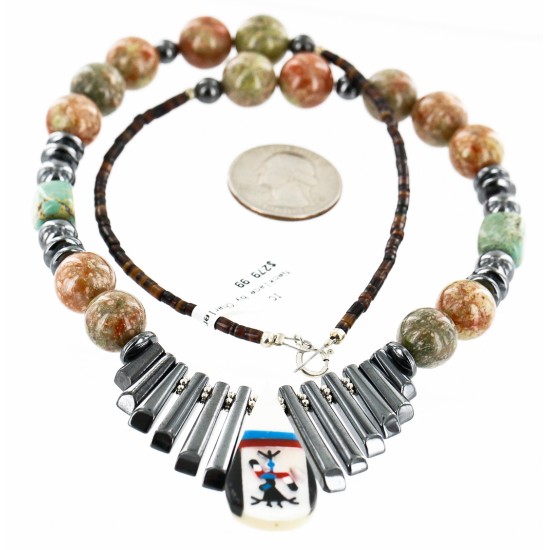 Inlaid Certified Authentic Navajo .925 Sterling Silver Turquoise Jasper Hematite Native American Necklace 750181-2