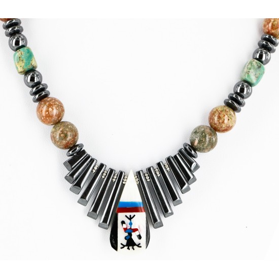 Inlaid Certified Authentic Navajo .925 Sterling Silver Turquoise Jasper Hematite Native American Necklace 750181-2