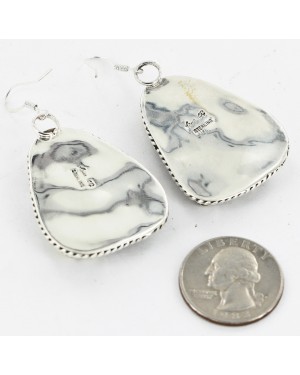 Large Certified Authentic Handmade Navajo .925 Sterling Silver Dangle Native American Earrings Natural White Buffalo 18095-2