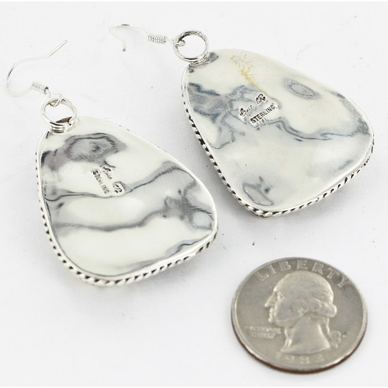 Large Certified Authentic Handmade Navajo .925 Sterling Silver Dangle Native American Earrings Natural White Buffalo 18095-2