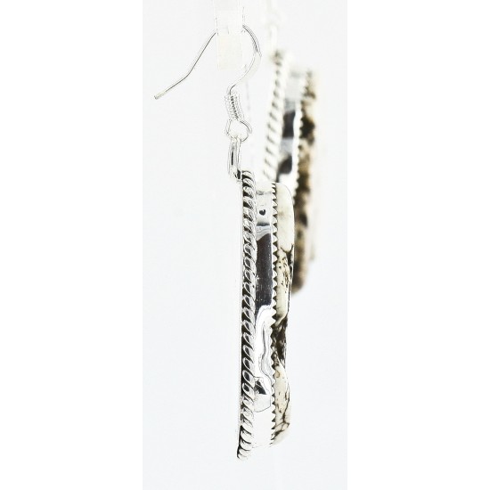 Large Certified Authentic Handmade Navajo .925 Sterling Silver Dangle Native American Earrings Natural White Buffalo 18095-2