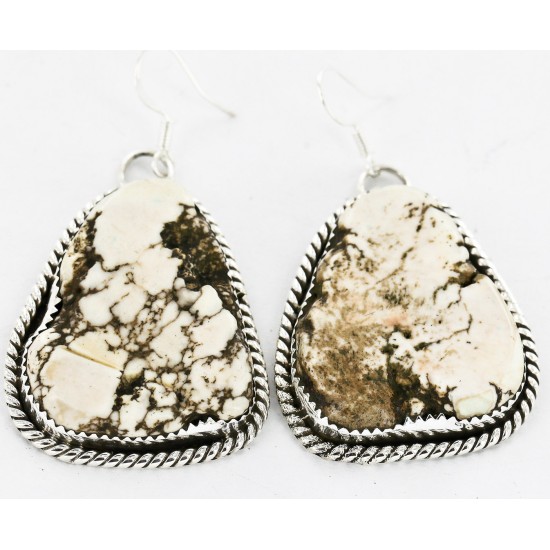 Large Certified Authentic Handmade Navajo .925 Sterling Silver Dangle Native American Earrings Natural White Buffalo 18095-2