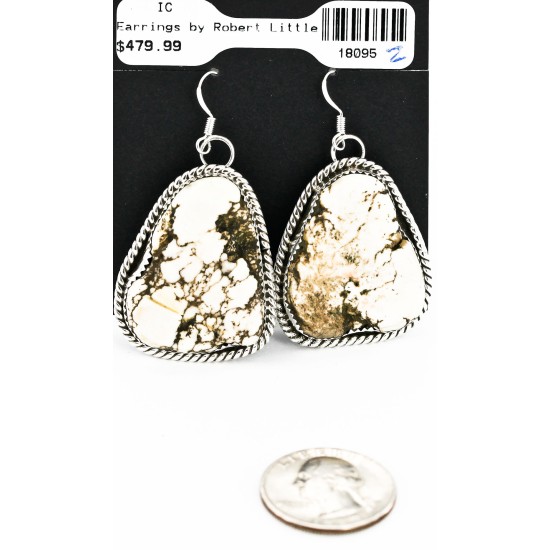 Large Certified Authentic Handmade Navajo .925 Sterling Silver Dangle Native American Earrings Natural White Buffalo 18095-2