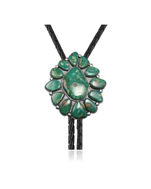 Flower .925 Sterling Silver Certified Authentic Handmade Navajo Native American Natural Turquoise Bolo Tie 34250