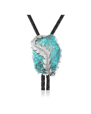 Feather .925 Sterling Silver Certified Authentic Handmade Navajo Native American Natural Turquoise Bolo Tie 34252