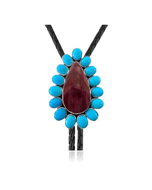 Handmade Certified Authentic Navajo .925 Sterling Silver Native American Natural Turquoise Purple Spiny Oyster Bolo Tie 34253